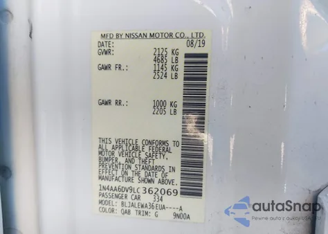 2020 Nissan Maxima Sl Xtronic Cvt z USA, uszkodzony, nr VIN 1N4AA6DV9LC362069